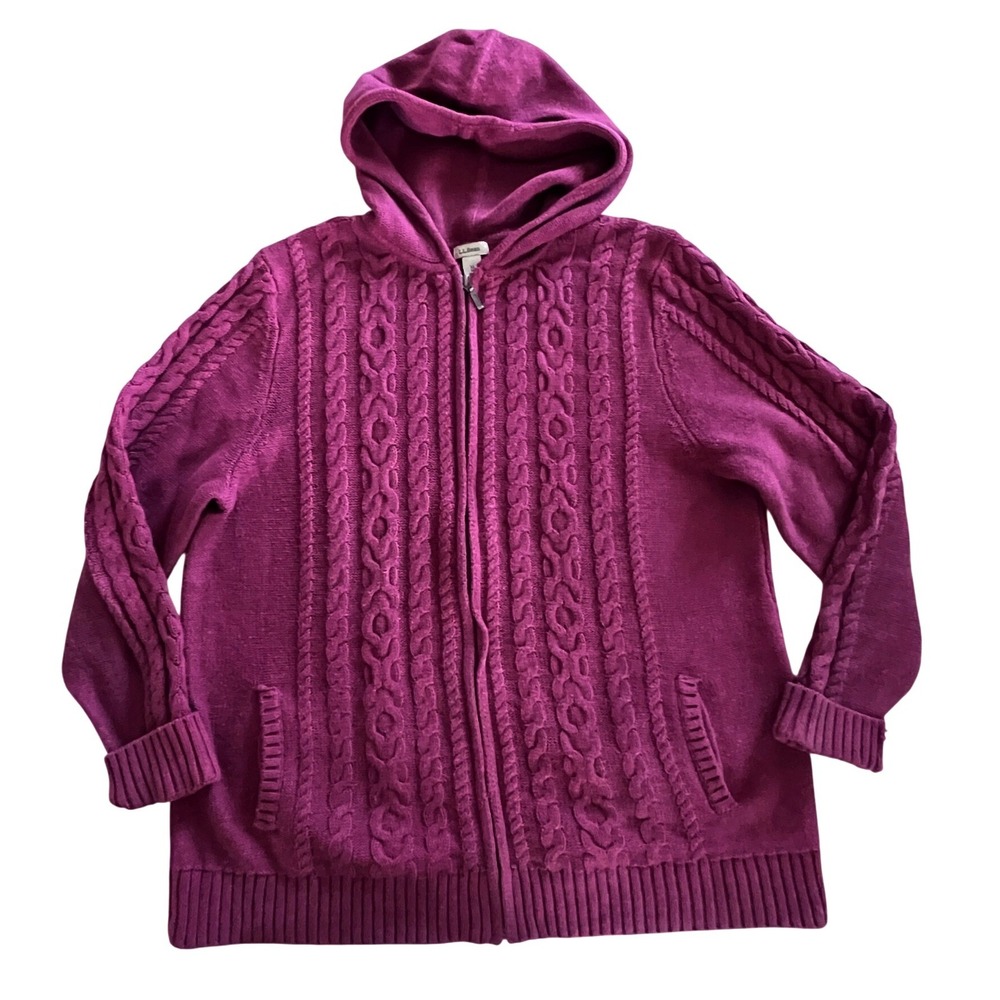 L.L. Bean Sweater Women XL Purple Cable Knit Zip Hoodie 298837 Cotton Casual